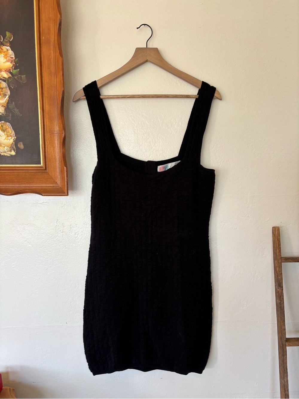 Free People Beach Black Ribbed Knit Mini Dress with Square Neck